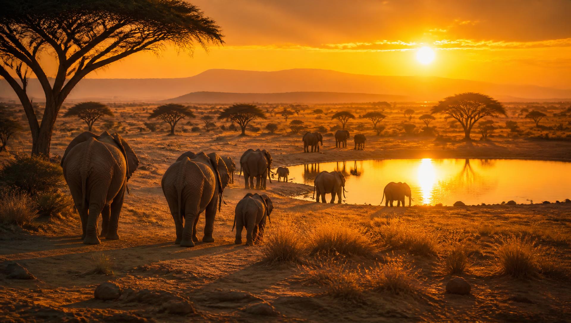 Elephants walking toward a waterhole on the African savannah at sunset